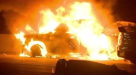 Pick-up truck engulfed with flames after accident on Los Angeles highway