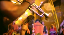 Drumming group play in the streets at the gracia festival in barcelona