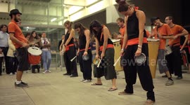 Drumming group play in the streets at the gracia festival in barcelona