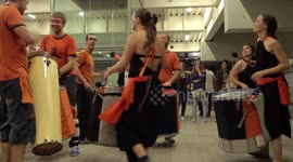 Drumming group play in the streets at the gracia festival in barcelona