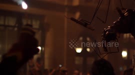 crowds in the street for the fire run or correfoc, during la merce festival, barcelona spain