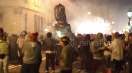 crowds in the street for the fire run or correfoc, during la merce festival, barcelona spain