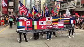 Protesters hold flags of world as they protest against
