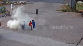 Chinese man attempts to blow out fire on his three-wheeler at petrol station