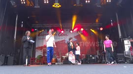 Japan Matsuri visitors enjoy Radio Taiso exercise with British Paralympic gold runner Noel Thatcher in Trafalgar Square