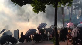 RUSHES: Hong Kongers clash with police as tear gas and bonfire smoke shrouds street
