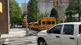 Several school bus drivers refuse to move for an oncoming ambulance in New York City