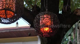 Birds nesting in lanterns  at a restaurant in Thailand