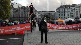 View of the Extinction Rebellion camp in Trafalgar Square