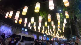 Time-Lapse Beautiful lantern street with thousands of lanterns lit on the street in Vietnam