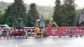 Cadent Gas & Severn Trent Water engineers working to fix the gas & waster supply to Wirksworth, Derbyshire as it was cut off when a burst water mains flooded the gas supply system