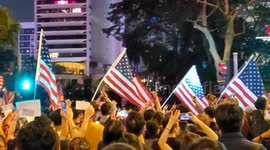 Hong Kong Protesters parade many stars and stripes USA flags at a peaceful rally in Central Hong Kong