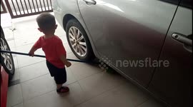 Adorable toddler knows to do household chores