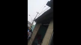 People rescued the python trapped on the power line