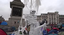 Plastic hair skeleton dominates Extinction Rebellion camp in Trafalgar Square on 14 October 2019