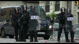 riot police confront protesters at the general strike in barcelona 18 october 2019