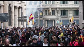 student protesters at the general strike in barcelona 18 october 2019