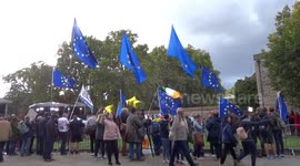 EU flags and golden stars dominate College Green media ground opposite Parliament on Brexit Deal Vote day