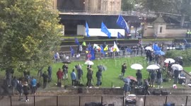 EU flags over College Green seen from the Jewel Tower window on Brexit Deal Vote day