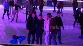 Freddie Bentley falls Down Bringing Sian Owen Down With Him At The Natural History Museum Ice Rink Launch