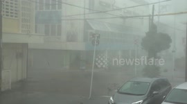 Small Van Drives In Atrocious Hurricane Force Wind And Sheets Of Rain