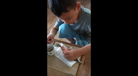 Thai boy feeds baby budgie with spoon