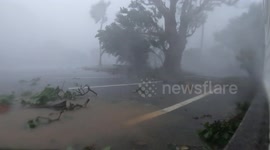 Extreme Hurricane Wind And Heavy Rain And Flying Debris In Eyewall Of Major Storm