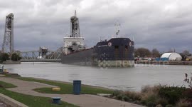 Ships sail down the Welland canal into Lake Erie at Port Colborne now that the massive wind storm and lake surge conditions have ended