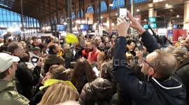 2 weeks before Yellow Vests' anniversary. Unauthorized protest of the Gilets Jaunes chanting and dancing in the Gare du Nord train station and the streets . 02 nov 19