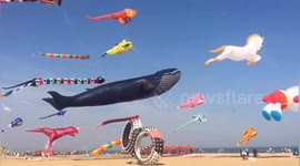 Animal-shaped kites fly in sky on Xiamen International Kite Festival