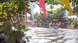 Boat racing on a canal in Thailand, highlights.