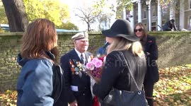 The Royal Navy veteran Ernie Davies of Russian Convoy Club is talking to participants of the Act of Remembrance ceremony at the Soviet War Memorial in London on Remembrance Sunday 2019