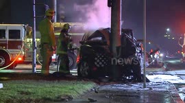 One killed after vehicle crashes into pole and catches fire in San Bernardino, California