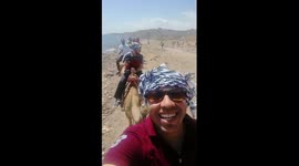 Tourist Records His Adventure Trip Camel Riding Desert Dahab