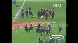 Shocking moment three jockeys fall from racing horses in India