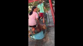 Children Take Golden Retriever On Playground Swing