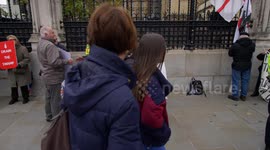 A Lady holding Leave means leave sign  outside Parliament slow motion