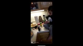 Sneaky adorable little girl in New York makes a mess decorating a waffle