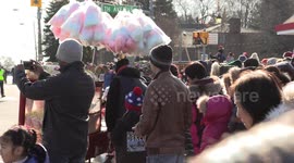 Small town Santa Claus Christmas parade on cold winter day in Markham Canada near Toronto