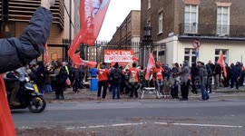 Crowd of IWGB protesters gather at a University College London (UCL) building in protest over the outsourcing of jobs.
