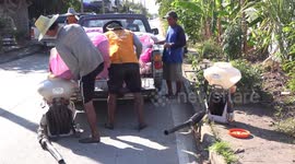 Thai farmers planting rice in a paddy field, using noisy petrol engine dispensers to spray the rice across the paddy field,