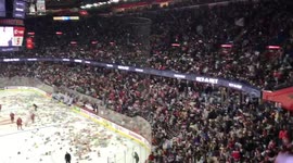 Ice hockey fans throw hundreds of toys at annual Teddy Bear Toss in Canada