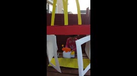 'Welcome to McDonald's!' Watch 3-year-old serve up a Big Mac for her mom in DIY drive-thru