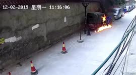Three-wheeler bursts into flames after children light petrol that leaked on ground