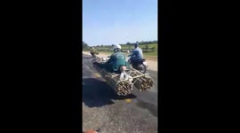 Workers in Vietnam carry large bundles of bamboo on motorbikes at high speed