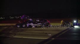 Truck completely flattened after major crash leaves California highway in lockdown