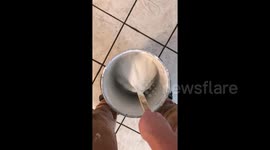 Strangely satisfying: Man empties a tin of dried paint with just a stick