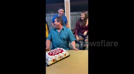 Man hilariously dodges being shoved into birthday cake in Texas