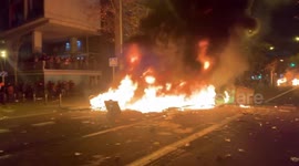 Catalonia independence protesters clash with police at Barcelona match