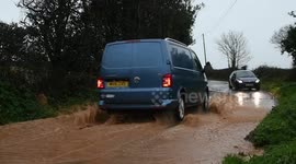 Road flooding at St Erth, Hayle, Cornwall as heavy rainfall continues in the UK